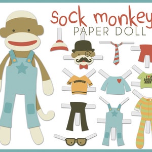 May include: A sock monkey paper doll with various clothing options, including overalls, a shirt with a heart, a shirt with the text "I love a good book", and a striped shirt. The doll has a brown face, a red mouth, and a white star on its overalls.