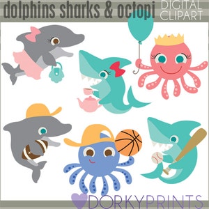 Ocean Animals Clipart Set  -Personal and Limited Commercial Use- shark, octopus, dolphin clip art