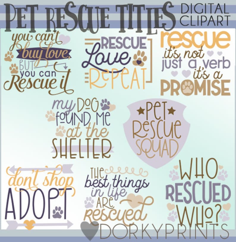 Puede incluir: Un conjunto de 10 im&aacute;genes de clipart digital con texto sobre el rescate de mascotas. El texto incluye frases como "Rescue Love Repeat", "Pet Rescue Squad" y "Don't Shop Adopt". Las im&aacute;genes est&aacute;n en un esquema de color azul claro, morado y marr&oacute;n.