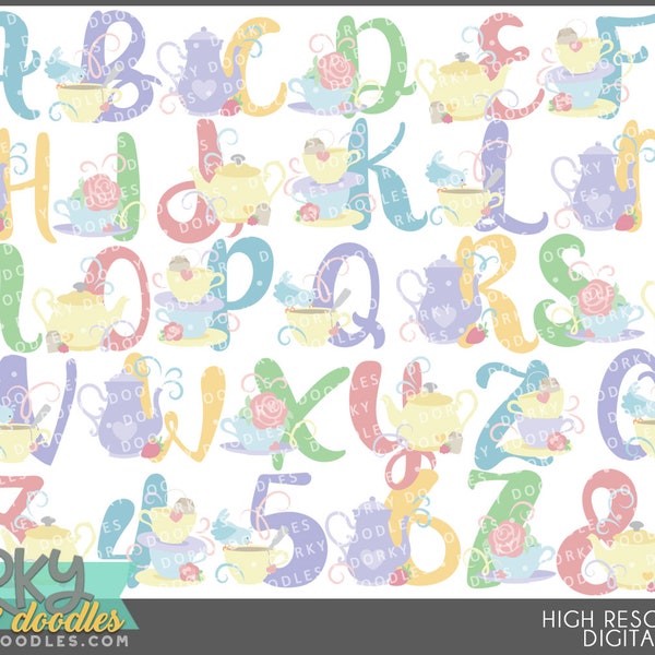 Cute Teaparty Alphabet Clipart -Personal and Limited Commercial Use- Instant Download - Numbers, Letters, Font Clip art
