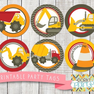 Construction Birthday Party Printable Circle Tags PDF - Printable Party Supplies - Digger, Bulldozer Birthday Party DIY