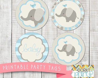 Blue Elephant Baby Shower Printable Circle Tags PDF - Printable Party Supplies - Baby Boy Elephant Shower