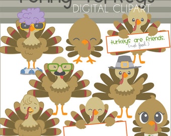 Könnte beinhalten: Ein Set aus neun digitalen Clipart-Bildern von Truthähnen mit verschiedenen Ausdrücken und Accessoires. Die Truthähne sind braun mit roten und weißen Federn. Der Text "Funny Turkeys Digital Clipart" befindet sich oben im Bild. Ein Truthahn trägt eine Sonnenbrille und eine lila Perücke. Ein weiterer Truthahn trägt einen grünen Hut und eine Brille mit einem Schnurrbart. Ein Truthahn hält ein Schild mit der Aufschrift "Truthähne sind Freunde (kein Essen)."
