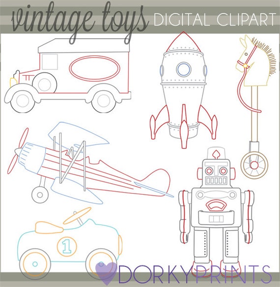 Vintage Clipart Retro Toys -Personal and Limited Commercial Use- rocket, stick horse, robot, airplane Clip art