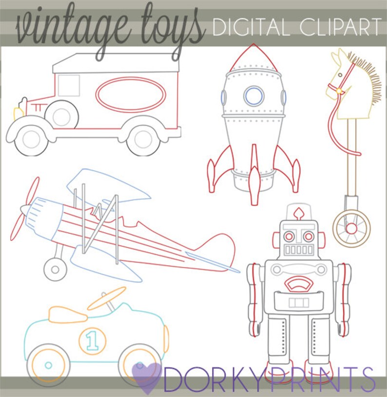 May include: A set of vintage toy illustrations, including a red and blue airplane, a red and white rocket, a blue and yellow toy car, a red and white delivery truck, a red and white robot, and a rocking horse with a yellow base and a brown horse head.