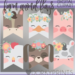 Girl Farm Animal Flags Clipart Set -Personal and Limited Commercial Use- Cute girl farm animals Clipart