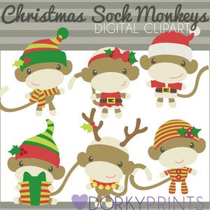 Puede incluir: Conjunto de seis imágenes digitales de clipart de monos de calcetín de Navidad. Los monos llevan varios atuendos navideños, incluyendo gorros de Papá Noel, gorros de elfo, cuernos de reno y pijamas. Todos los monos sonríen y tienen pelaje marrón.