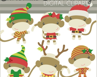 Christmas Clipart Sock Monkeys -Personal and Limited Commercial Use- Santa Sock Monkey, Sock Monkey Holiday Clipart