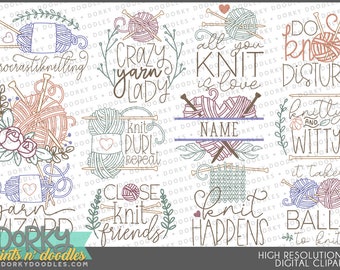 Knitting Sayings Clipart - Cute Knit Craft Wordart PNG Files
