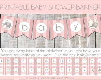 Rosa elefant babyshower utskrivbar banner PDF - Utskrivbara festtillbehör - Babyflicka elefantshower