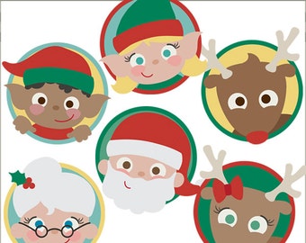 Navidad Clipart Caras de Navidad -Uso comercial personal y limitado- Santa, Elfo, Reno, Sra. Claus Clip art
