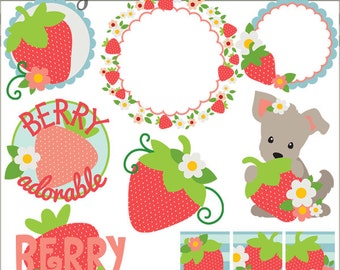 Conjunto de clipart de morango - uso comercial pessoal e limitado - Berry Cute, títulos, molduras de morango, clip art