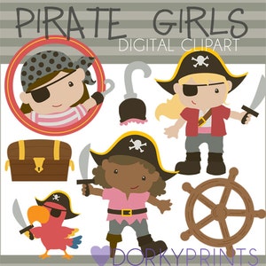 Pirate Girls Clipart -Personal and Limited Commercial Use- Girl Pirates, Hook, Parrot, Buried Treasure, Pirate Clipart