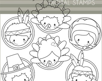 Thanksgiving Clipart Kids Circles Line Art -Personal and Limited Commercial Use- Thanksgiving Blackline Art