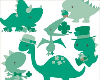 St Patrick's Day Clipart Set -Personal and Commercial Use- Green Dinosaur Shamrock Clip Art
