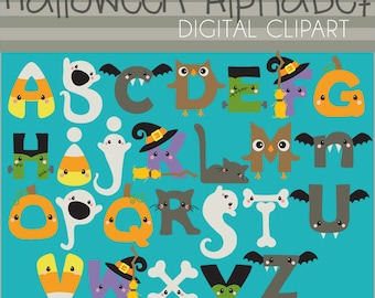 May include: Halloween alphabet clipart with cute characters. The letters are in a variety of colors and feature different Halloween themes, such as ghosts, pumpkins, bats, and witches. The letters are on a turquoise background.