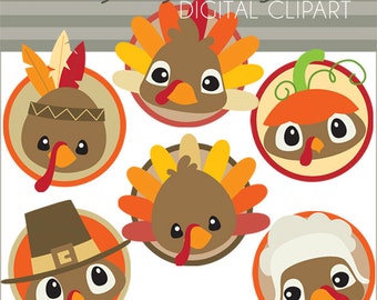 Könnte beinhalten: Sechs bunte Thanksgiving-Truthahn-Kreis-Clipart-Bilder. Jeder Truthahn trägt einen anderen Hut oder Kopfschmuck, darunter einen Pilgerhut, einen Kochhut, eine indianische Kopfbedeckung und einen Kürbis. Der Text "Thanksgiving turkey circles DIGITAL CLIPART" befindet sich oben im Bild.