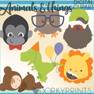 Puede incluir: Un conjunto de 10 imágenes de clipart digital que presentan lindas ilustraciones de animales. Las imágenes incluyen un gorila con corbata de moño, un búho con gafas, un dinosaurio con un gorro de fiesta, un león con una gran sonrisa, un oso con una máscara para dormir y una barba con un chupete. Las imágenes son perfectas para crear invitaciones, tarjetas y otras manualidades.