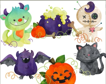 Watercolor Halloween Clipart Set for Sublimation, Sticker Design, Sugar Cookies, Classroom Projects, Craft, Party Decor, Digital Download