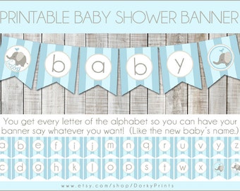 Blue Elephant Baby Shower Printable Banner PDF - Printable Party Supplies - Baby Boy Elephant Shower