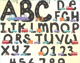 Transportation Alphabet and Number Clipart Set  -Personal and Limited Commercial Use- cars and road letters and numbers