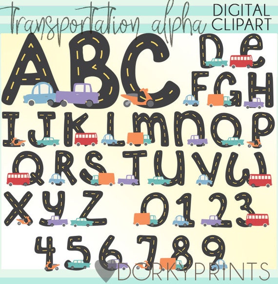 Transportation Alphabet and Number Clipart Set  -Personal and Limited Commercial Use- cars and road letters and numbers