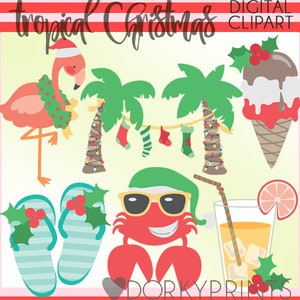 Tropical Christmas Clipart -Personal and Limited Commercial Use- Flamingo, Palm Trees, and Crab clip art