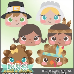 May include: A set of five digital clipart images featuring cartoon faces of a pilgrim, a Native American, a girl with brown skin, a girl with blonde hair, and a turkey. The images are in a cartoon style with large eyes and smiling expressions. The images are perfect for Thanksgiving crafts and projects.