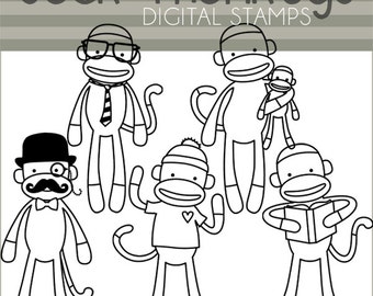 Sock Monkey Clipart Set -Personal and Limited Commercial- Cute Sock Monkeys Black Line Art