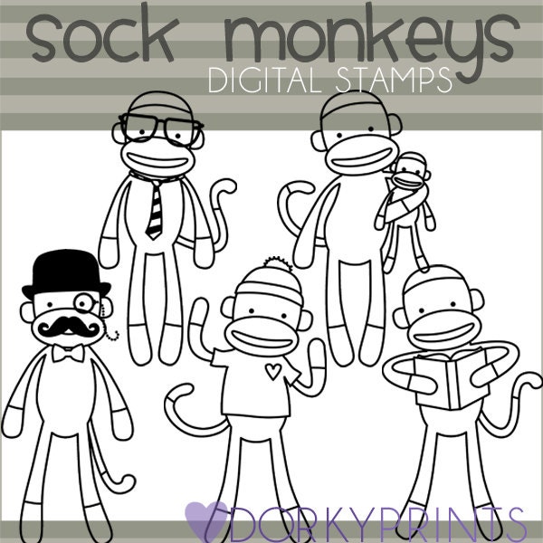 Sock Monkey Clipart Set -Personal and Limited Commercial- Cute Sock Monkeys Black Line Art