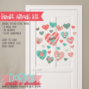May include: A printable Valentine's Day door decoration kit with 26 hearts featuring cute graphics. The kit includes a robot, a monster, and a heart with the word "LOVE" on it. The text on the image reads "Heart Attack Kit" and "Dorky prints n' doodles".