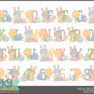 Clipart fofo do alfabeto de Páscoa - Uso comercial pessoal e limitado - Desenhos divertidos de letras e números de coelhinhos e pintinhos