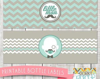 Little Man Baby Shower Printable Bottle Labels PDF - Printable Party Supplies - Chevron Mustache Baby Shower