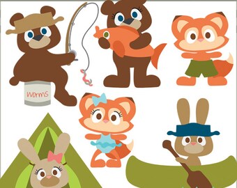 At the Lake Clipart -Personal and Limited Commercial Use- bear, tent, fox, canoe, fishing, camping, woodland clipart