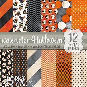 Watercolor Halloween Paper Pack, Cute Halloween Digital Scrapbook Paper - Halloween Watercolor Art Crafting Paper