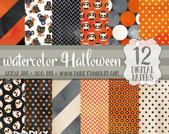 Watercolor Halloween Paper Pack, Cute Halloween Digital Scrapbook Paper - Halloween Watercolor Art Crafting Paper