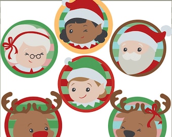 Puede incluir: Un conjunto de seis imágenes de clipart circulares de temática navideña, de colores vivos. Las imágenes representan a Papá Noel, la Mamá Noel, un elfo, un reno y dos elfos. Las imágenes son perfectas para añadir un toque festivo a tus manualidades, tarjetas y otros proyectos.
