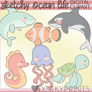 Sketchy Sea Creatures Clipart -Personal and Limited Commercial Use- Cute Ocean Animals Clip Art