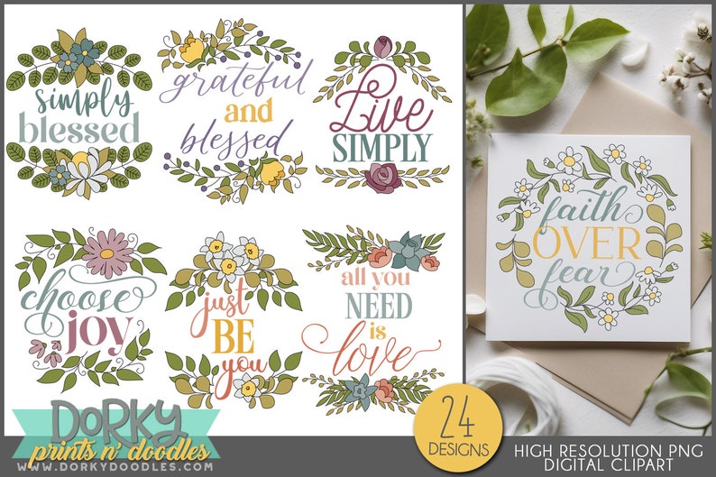 Inspirational Floral Sayings Clipart Pretty Flower Wordart Designs for Sublimation, Cookies, and Stickers image 1