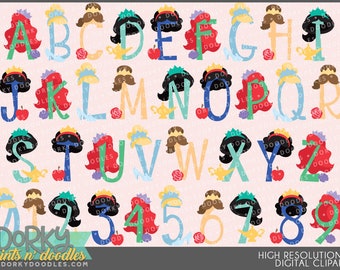 May include: A set of colorful alphabet letters and numbers with princess-themed illustrations. Each letter and number features a different princess character with a crown, hair, and accessories. The letters are in a bold, playful font.