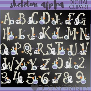 Halloween Clipart Skeleton Alphabet - Digital PNG Art - Fun Monogram Font