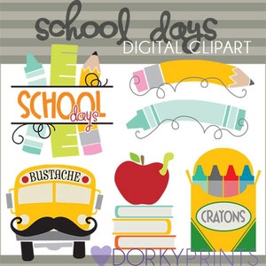 Terug naar school clipart-persoonlijke en beperkte commercieel gebruik-school dagen clipart, kleurpotloden, potlood, bustache, klas illustraties