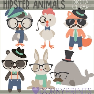 Hipster Tier Clipart - persönliche und begrenzte kommerzielle Nutzung - süße Hipster Tiere in Brillen, Hüte und Schals