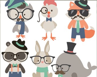 Hipster Animal Clipart -Personal and Limited Commercial Use- cute hipster animals in glasses, hats, and scarves