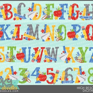 Cute Back to School Alphabet Clipart -Uso comercial personal y limitado- Descarga instantánea - Números, Letras, Arte de clip de fuente