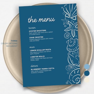 Menu para casamento na praia | Modelo de jantar com conchas | Ensaio na praia ou chá de panela | Canva editável