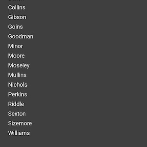 Może przedstawiać: Ciemnoszary interfejs cyfrowy wyświetlający listę nazwisk, w tym Bolen, Bowling, Bunch, Collins, Gibson, Goins, Goodman, Minor, Moore, Moseley, Mullins, Nichols, Perkins, Riddle, Sexton, Sizemore i Williams, wraz z tekstem Step 2 - Locations.