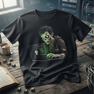 Puede incluir: Una camiseta negra de manga corta con el gráfico de un zombi de ojos verdes brillantes escribiendo en un portátil. La pantalla muestra código verde y un símbolo de riesgo biológico. El zombi lleva una sudadera oscura con el texto {code}.