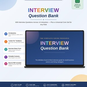Peut inclure: Une banque de questions d'entretien numérique comprenant 608 questions pour 14 secteurs. L'écran affiche Interview Question Bank, The Complete Hiring Resource et The definitive Excel & Word interview guide pour les propriétaires d'entreprise.