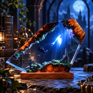 May include: A decorative resin and wood lamp featuring a fantasy landscape with a miniature castle, a dark dragon, and a glowing ethereal dragon. The piece is set on a rectangular wooden base and emits a bright blue light from within the resin.